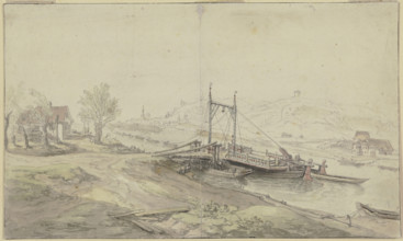 River ferry, houses on both sides of the river, mid-late 18th century. Creator: Christian Georg Schutz.
