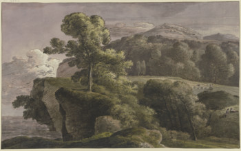 River landscape with trees and figures, late 18th century. Creator: Franz Kobell.