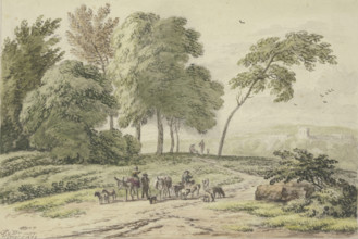 Two donkey drivers from behind by a group of trees, 1689. Creator: Unknown.