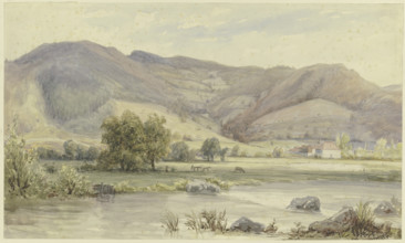 River landscape with high mountains, mid-late 19th century. Creator: Karl Peter Burnitz.