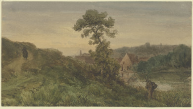 Riverbank, a road to the left, mid-late 19th century. Creator: Karl Peter Burnitz.