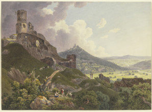 The Ruins of Gleiberg and Vetzberg near Gießen, on the left the two castle ruins on hills..., 1803. Creator: Friedrich Christian Reinermann.