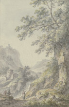 View of a mountain landscape with a castle, in the foreground a sunken lane with three figures, 1767 Creator: Johann Heinrich Muntz.