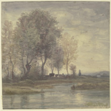 Boundary with farmhouses under tall trees, mid-late 19th century. Creator: Karl Peter Burnitz.