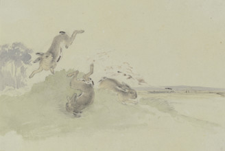 Three hares startled by the railway, mid-19th century. Creator: Friedrich Wilhelm Keyl.