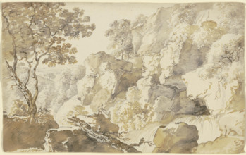 Rocky landscape with trees, a waterfall, and two hikers..., late 18th century. Creator: Franz Kobell.