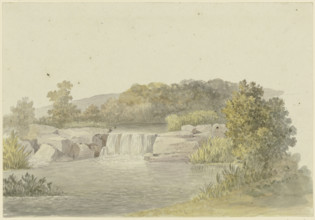 A river with a low waterfall, wooded banks in the background, c1790-1794. Creator: Georg Melchior Kraus.