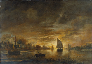 River Landscape with Ships at Moonrise, c1660-1670. Creator: Aert van der Neer.