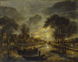 Nocturnal Canal Landscape with Fishing Boats, c1645-1650. Creator: Aert van der Neer.