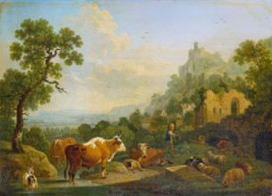 Landscape with Farm Animals at a Brook, 1768. Creator: Friedrich Wilhelm Hirt.