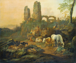 Shepherd Family Resting near an Ancient Ruin, 1680. Creator: Johann Heinrich Roos.