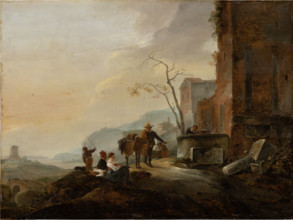 Italian Landscape with Figures at a Fountain among Antique Ruins, c1645-1650. Creator: Thomas Wijck.