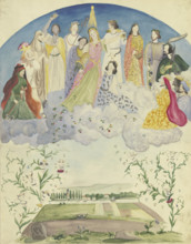 Flora scattering and spilling flowers across a landscape, surrounded by Dionysian..., 1844. Creator: Victor Muller.