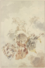 Genii and cupids grouped around a basket of flowers ascending towards heaven, 1725. Creator: Jacob de Wit.