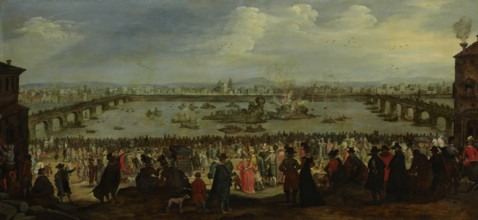 The Mock Battle between the Weavers' and the Dyers' Guilds on the Arno in Florence...after 1619. Creator: Dutch Master.