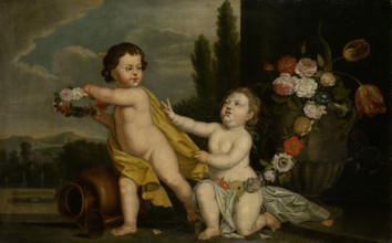 Two Putti with Garlands of Flowers, 1700-1800. Creator: German Master.
