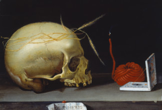 Vanitas Still Life  with Skull, Wax Taper and Portable Sundial, 1620-1640. Creator: German Master.