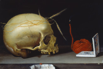 Vanitas  with Skull, Wax Taper and Portable Sundial, 1620-1640. Creator: German Master.