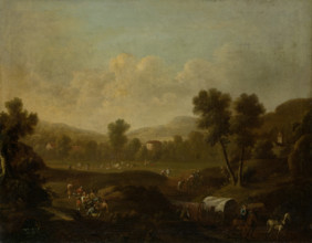 Mountainous Landscape with Figures Resting and Covered Wagon, 1700-1800. Creator: Dutch Master.