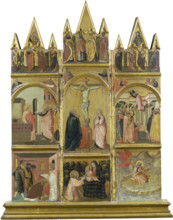 Crucifixion, Virgin and Child, Deacon and Scenes from the Legends of Saints Matthew...c1345-1350. Creator: Workshop of Pietro Lorenzetti.