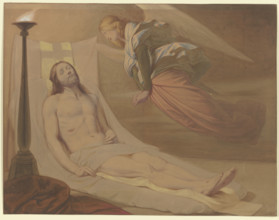 Christ in the tomb, above him hovering a mourning angel, 1851. Creator: Eduard von Steinle.