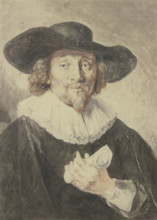 Bust of a man dressed in black, wearing a hat and holding a roll of paper, 1633. Creator: Jacob Adriaensz. Backer.