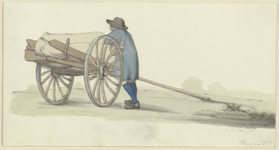 A farmer from the Hunsrück region by a cart, loading or unloading it, c1840s. Creator: Jakob Dielmann.