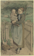 Farm girl standing by a wooden trellis with a child in her arms, c1860s. Creator: Hans Thoma.