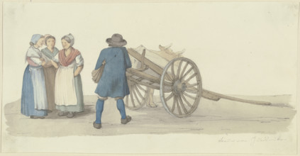A A farmer and three women from the Hunsrück region by a cart, with a cow behind them, c1840s. Creator: Jakob Dielmann.