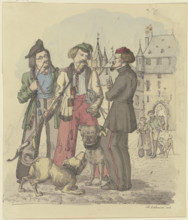 Three students smoking with two dogs, 1829. Creator: Jakob Dielmann.