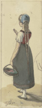 A girl with long braids and a basket, seen from behind, 1830. Creator: Jakob Dielmann.