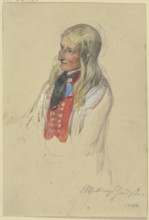 Bust of a young blonde peasant woman in a red vest and white skirt, 1842. Creator: Jakob Dielmann.