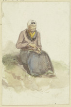 An old woman sits on a lawn holding a bowl of milk in her lap, c1840s. Creator: Jakob Dielmann.