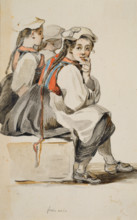 Three Black Forest peasant girls sitting side by side, seen from the side looking right, c1771-1772. Creator: Georg Melchior Kraus.