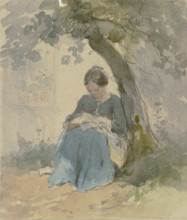 Woman sitting under a tree sewing, c1840-1890s. Creator: Philipp Rumpf.