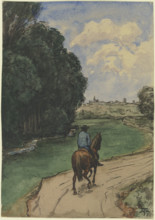 At the edge of the forest. Horseman on a path, facing into the picture, 1887. Creator: Hans Thoma.