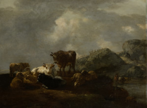 Cattle Resting at a River Crossing, c1654-1655. Creator: Willem Romeyn.