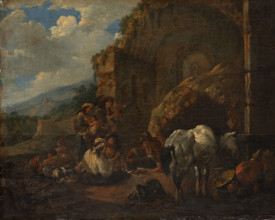 Travelling People Resting in Front of a Roman Ruin, 1672. Creator: Johann Heinrich Roos.