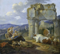 Shepherd's Family at the Ruins of the Temple of Vespasian, 1674. Creator: Johann Heinrich Roos.