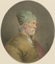 Old man with a white mustache, green cap, and yellow doublet, in profile, c17th century. Creator: Unknown.