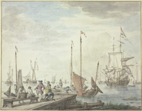 Boats lie by a wooden causeway, a merchant and his wife are having goods loaded. Creator: Abraham Storck.