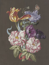 Arrangement of roses (Rosa), tulips (Tulipa), poppies (Papaver), and other flowers..., c1770. Creator: Unknown.