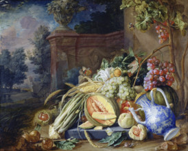 Still Life with Vegetables and Fruit before a Garden Balustrade, 1658. Creator: Cornelis de Heem.