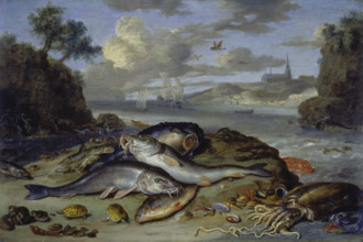 Still Life with Fish and Sea Animals in a Coastal Landscape, 1661. Creator: Jan van Kessel.