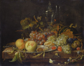 Still life with Fruit, Tin Plate and Wine Glasses, c1663-1664. Creator: Abraham Mignon.