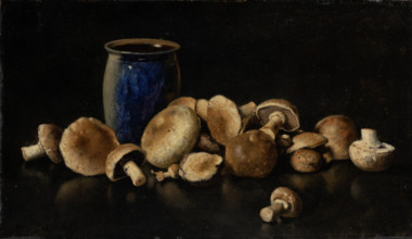 Still life with Blue Vase and Mushrooms, 1891. Creator: Otto Scholderer.
