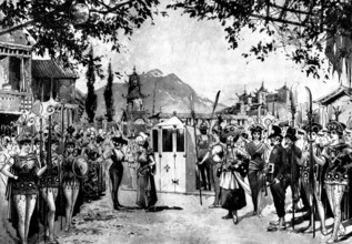 The Pantomime "Aladdin," at the Grand Theatre, Fulham: the market-place, Pekin, 1898. Creator: Unknown.