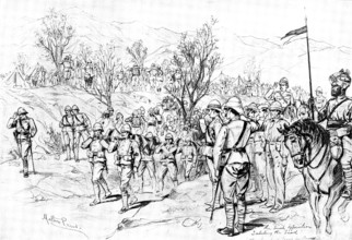 The Indian Frontier Rising: watching the conveyance of the dead - a daily occurrence, 1898. Creator: Unknown.