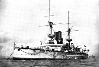 The Chinese Crisis: H.M.S. Centurion, British flag-ship on the China Station, 1898. Creator: Symonds.