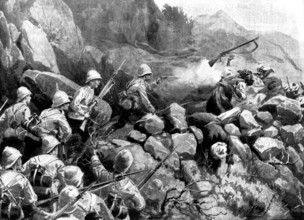 The Indian Frontier Rising: the King's Own Scottish Borderers storming a sangar..., 1898. Creator: William Barnes Wollen.